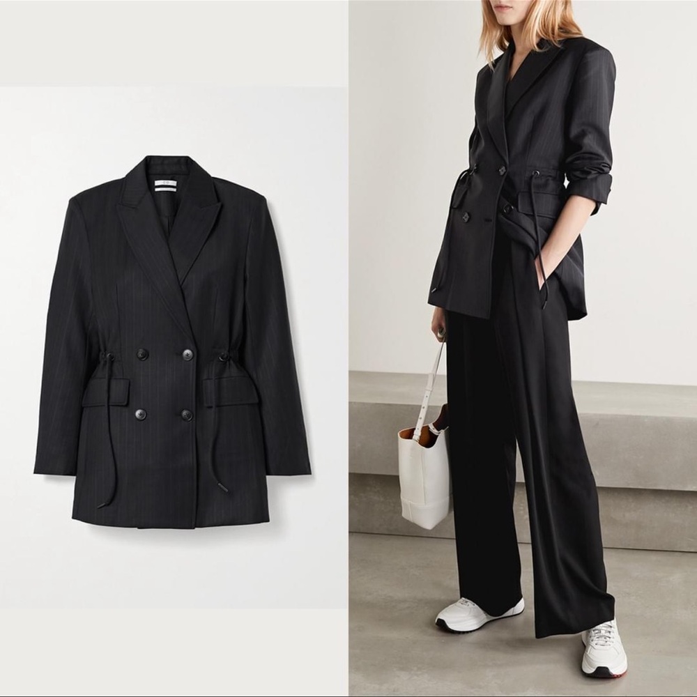 CO Blazer Jacket Black Pinstripe Wool Blend Tie Waist Pockets Size L